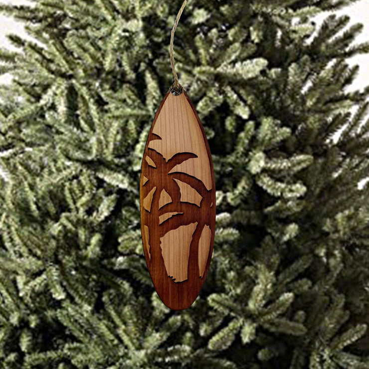 Palm Tree Surfboard - Cedar Ornament