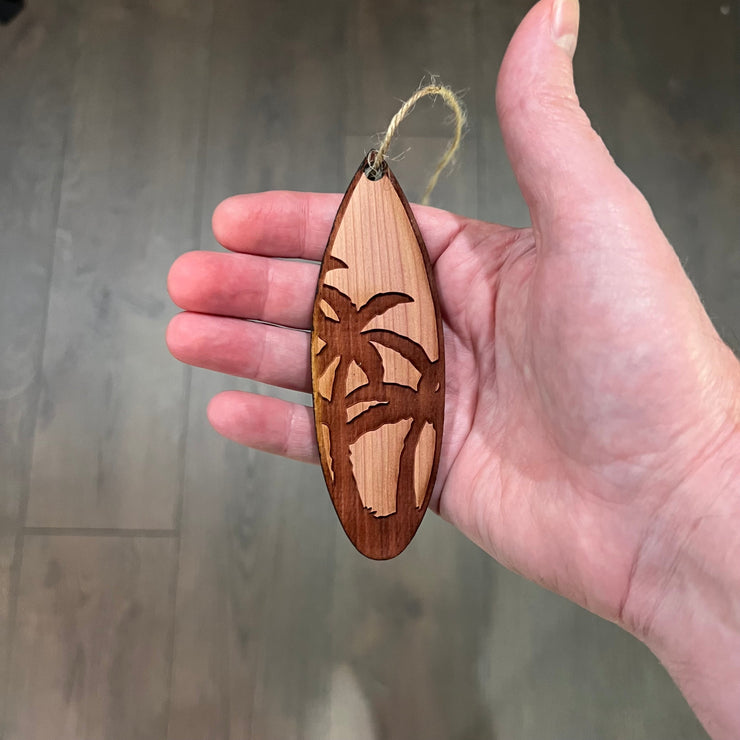 Palm Tree Surfboard - Cedar Ornament