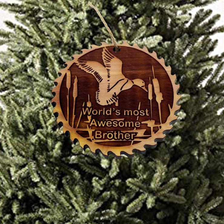 Sawblade with Duck Worlds Most Awesome Brother - Cedar Ornament