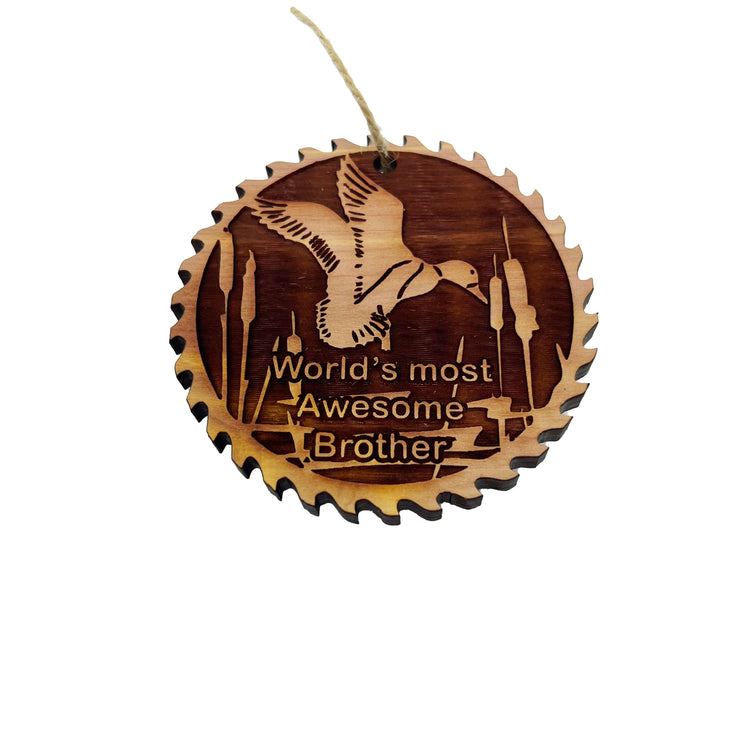 Sawblade with Duck Worlds Most Awesome Brother - Cedar Ornament