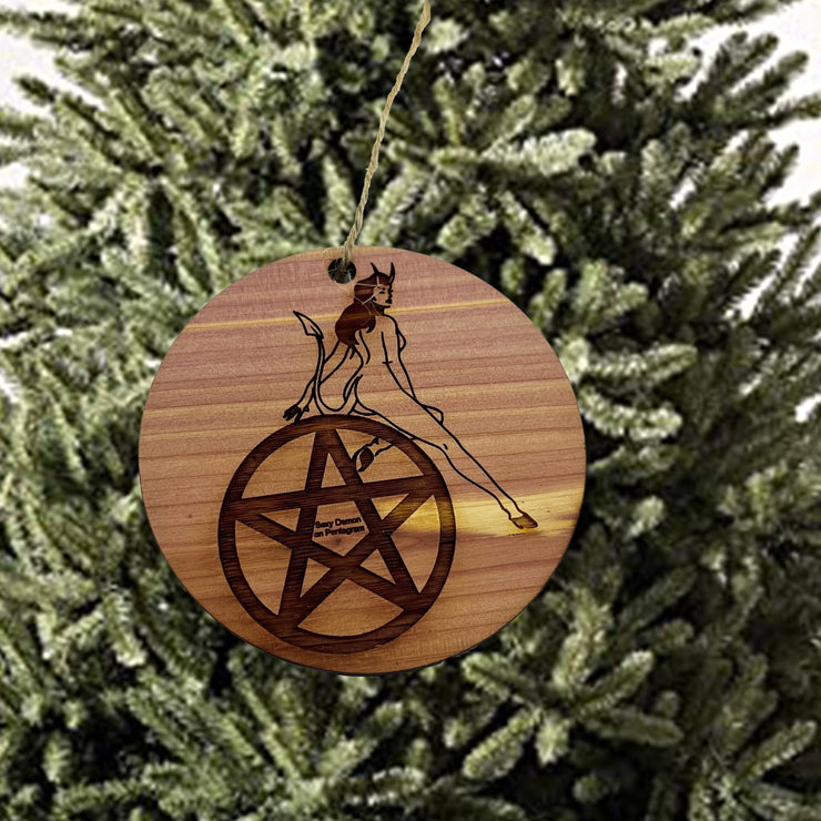 Sexy Demon on Pentagram - Cedar Ornament