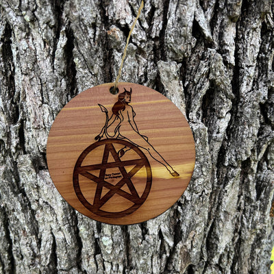 Sexy Demon on Pentagram - Cedar Ornament