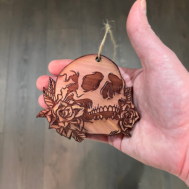 Skulls and Roses - Cedar Ornament