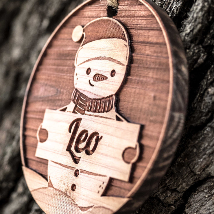 Snowman with Custom Name - Raw Cedar Ornament 3x3in PERSONALIZED
