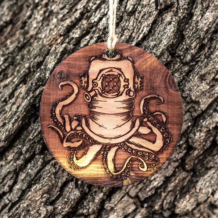 Steampunk Octopus - Raw Cedar Ornament 3x3in