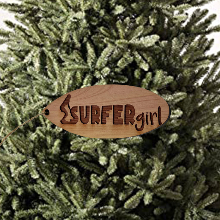 Surfer Girl Surfboard - Cedar Ornament