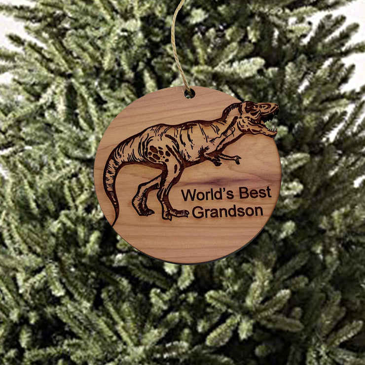 TRex Dinosaur Worlds Best Grandson - Cedar Ornament