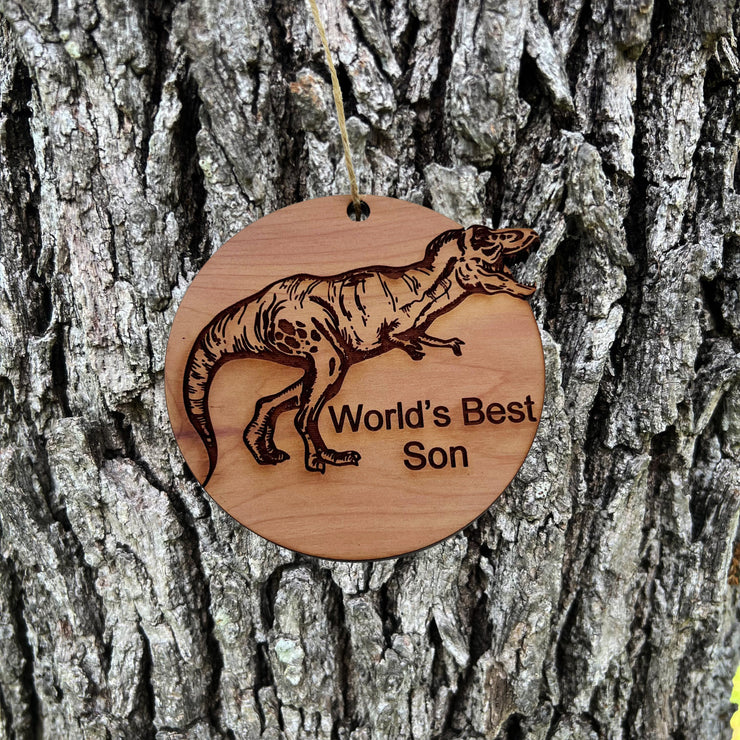 TRex Dinosaur Worlds Best Son - Cedar Ornament