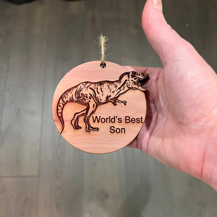 TRex Dinosaur Worlds Best Son - Cedar Ornament