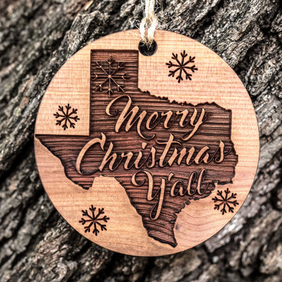 Texas Merry Christmas Y'all - Raw Cedar Ornament 3x3in