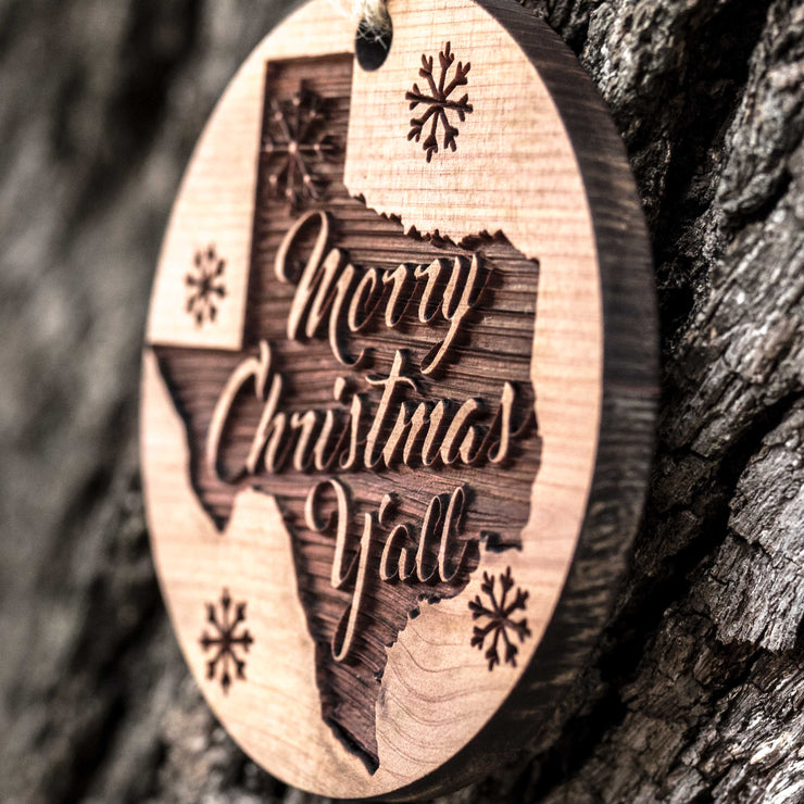 Texas Merry Christmas Y'all - Raw Cedar Ornament 3x3in