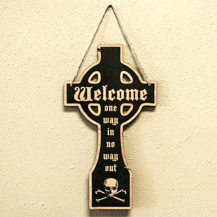 Welcome Gravestone - Black Halloween Door Sign
