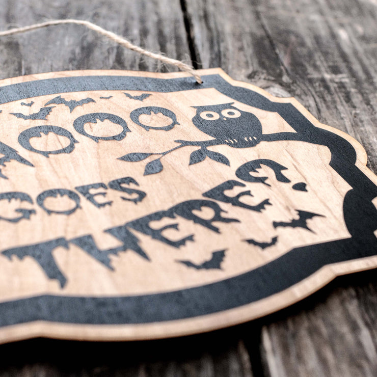Whooo Goes There Owl - Black Halloween Door Sign 10x8