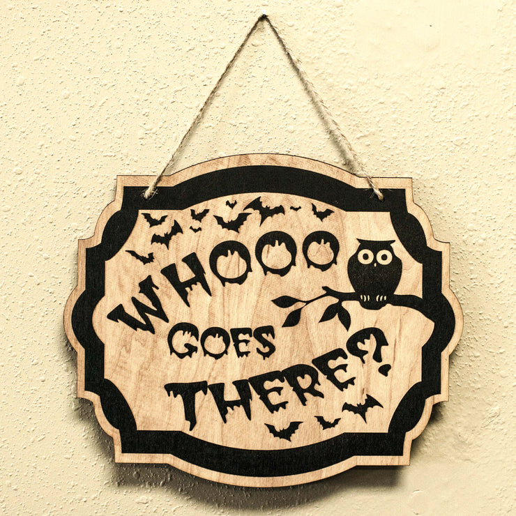 Whooo Goes There Owl - Black Halloween Door Sign 10x8