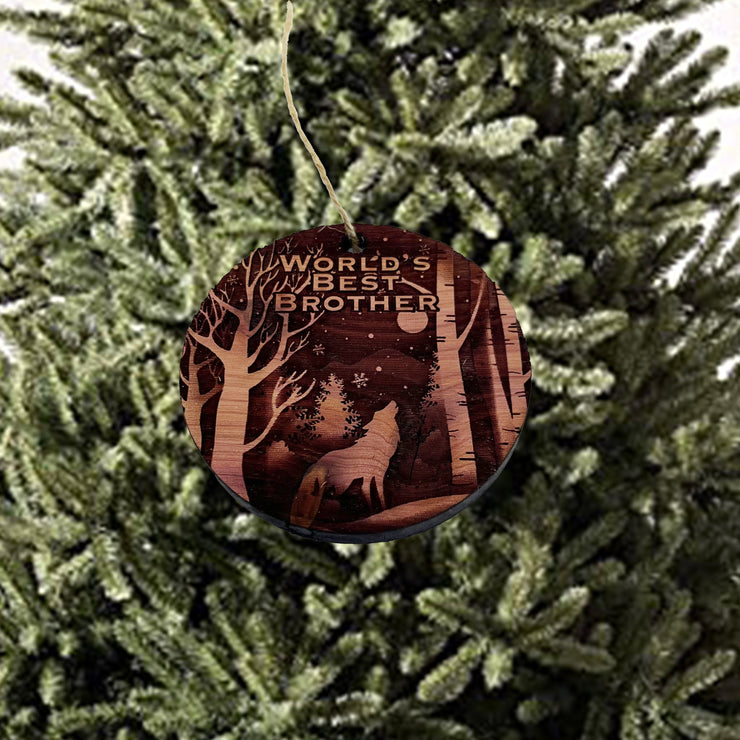 Winter Wolf Worlds Best Brother - cedar ornament