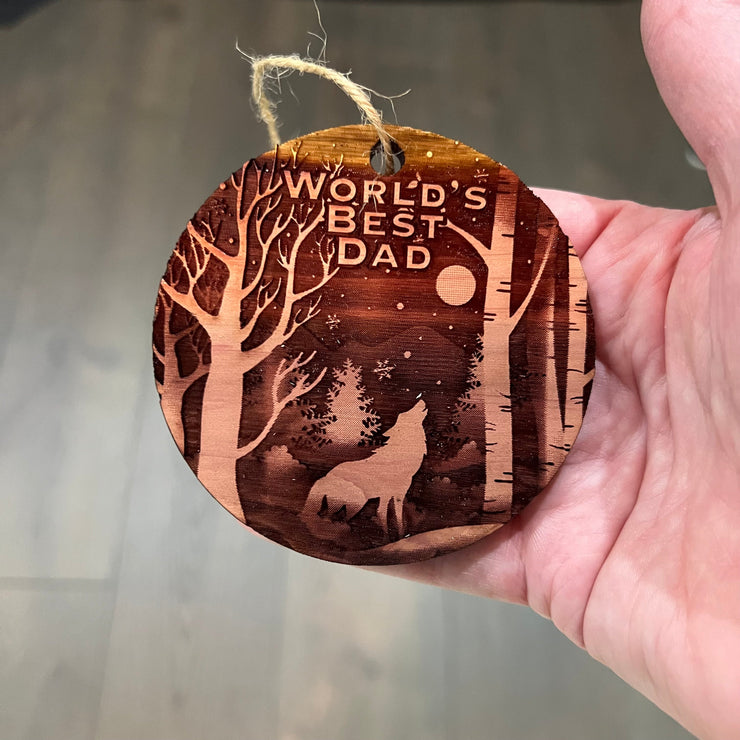 Winter Wolf Worlds Best Dad - cedar ornament