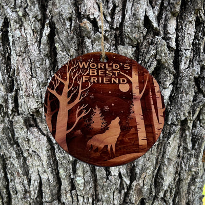 Winter Wolf Worlds Best Friend - cedar ornament