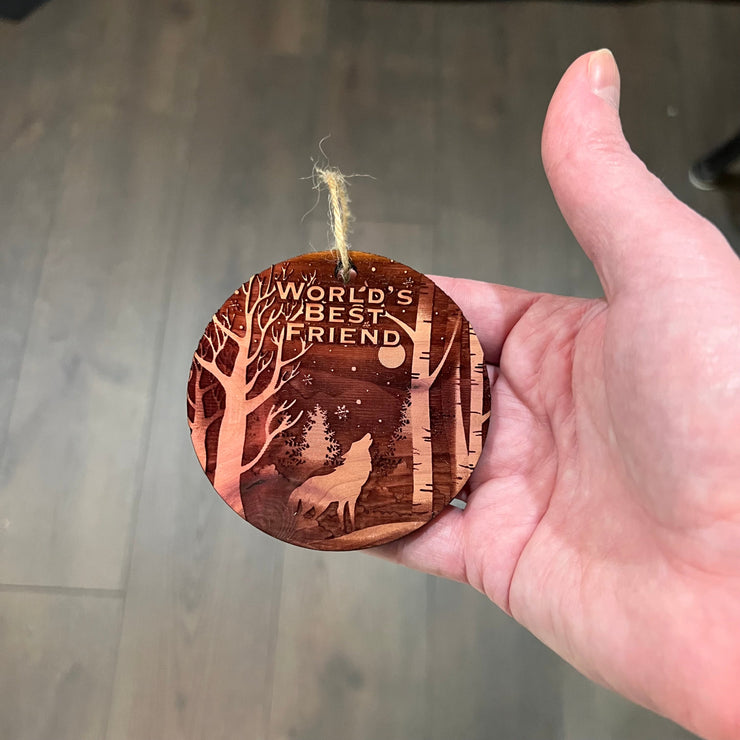 Winter Wolf Worlds Best Friend - cedar ornament