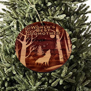 Winter Wolf Worlds Best Godmother - cedar ornament
