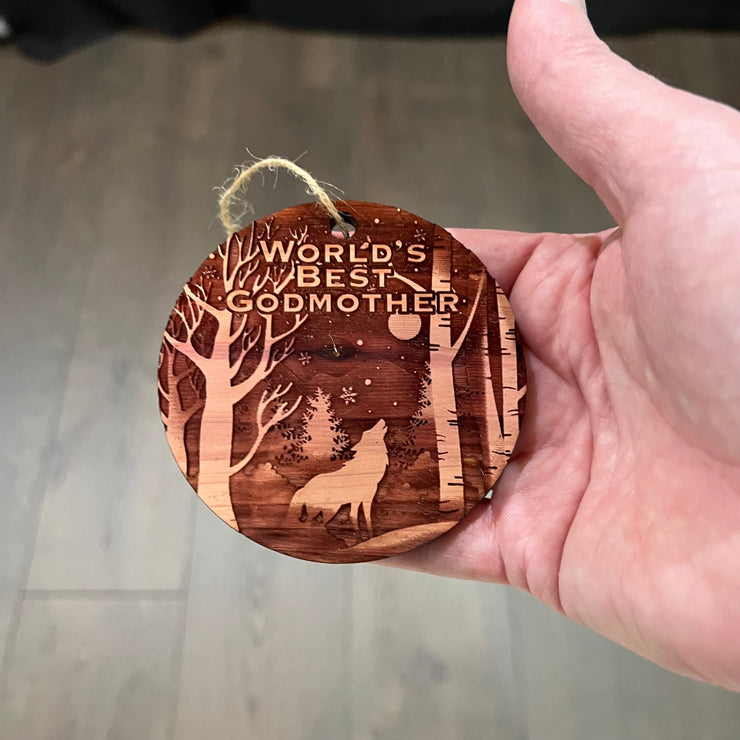 Winter Wolf Worlds Best Godmother - cedar ornament
