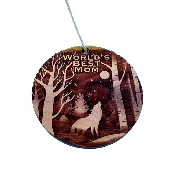 Winter Wolf Worlds Best Mom - cedar ornament