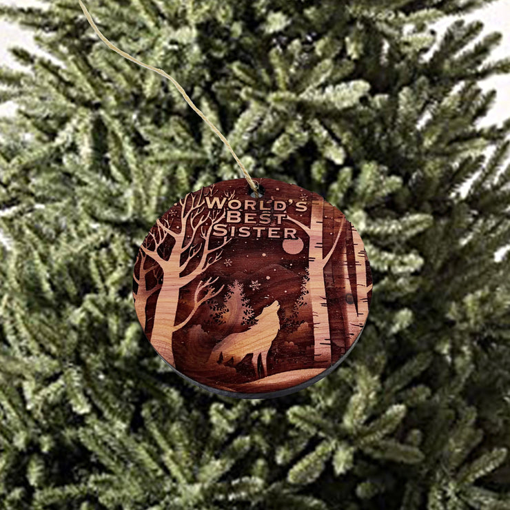 Winter Wolf Worlds Best Sister - cedar ornament