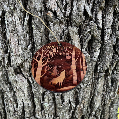Winter Wolf Worlds Best Sister - cedar ornament
