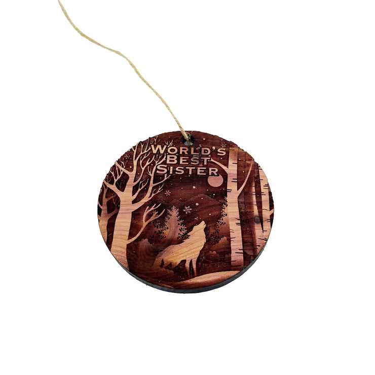 Winter Wolf Worlds Best Sister - cedar ornament