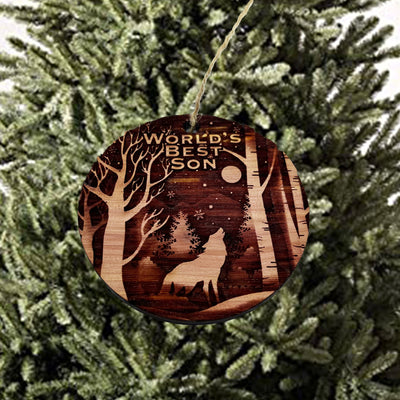 Winter Wolf Worlds Best Son - cedar ornament