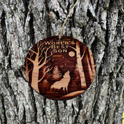 Winter Wolf Worlds Best Son - cedar ornament