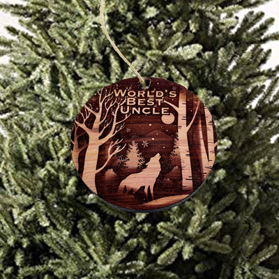 Winter Wolf Worlds Best Uncle - cedar ornament