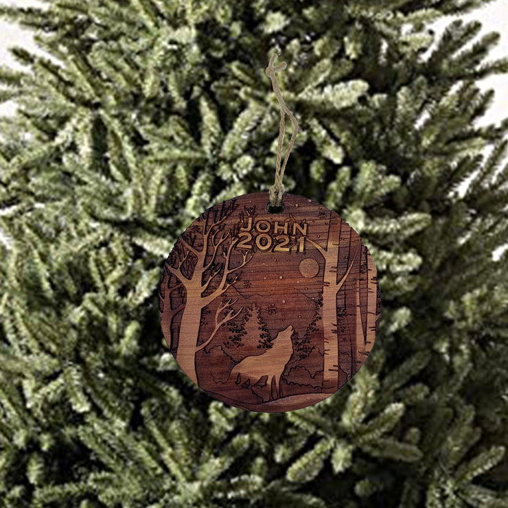 Custom PERSONALIZED Winter Wolf with your own wording - Raw Cedar Ornament 3x3in