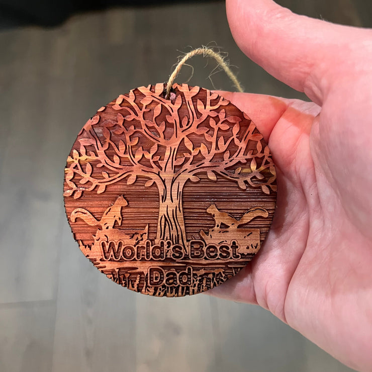 World's Best Dad Two Squirrels and Tree of Life - Cedar Ornament