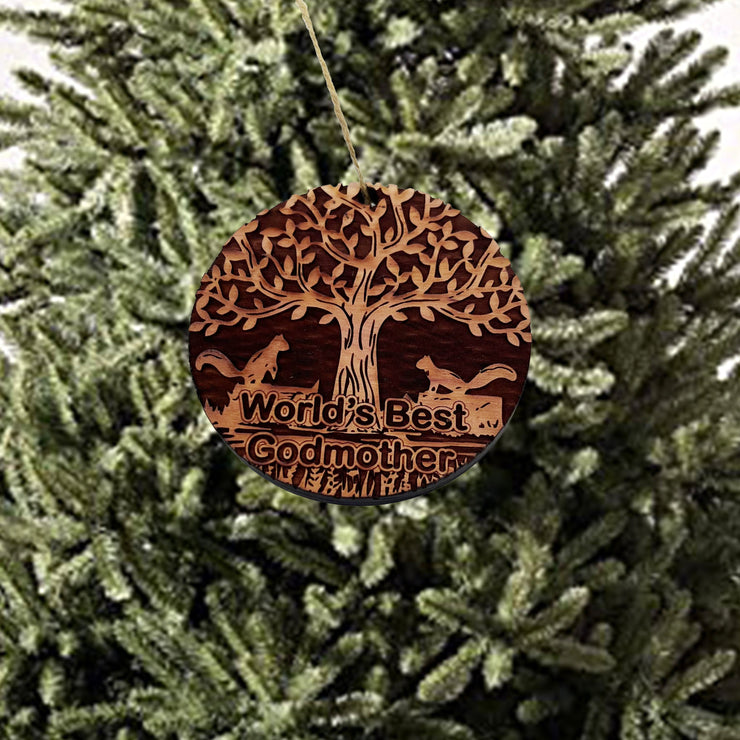 World's Best Godmother Two Squirrels and Tree of Life - Cedar Ornament