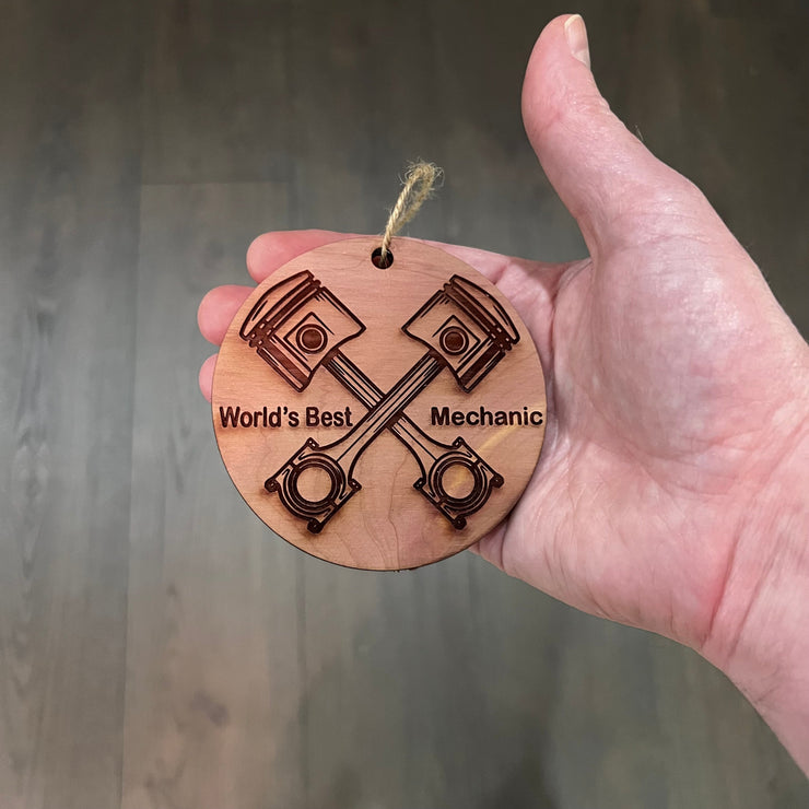 World's Best Mechanic with Piston - Cedar Ornament