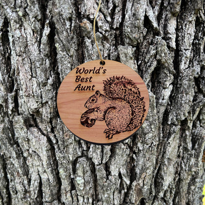 Worlds Best Aunt Squirrel and Nut - Cedar Ornament