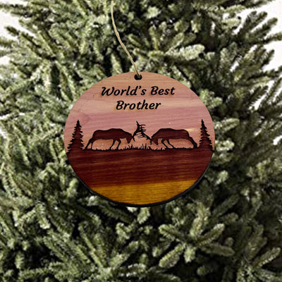 Worlds Best Brother Elk Battle - Cedar Ornament