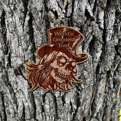 Worlds Best Dad with SKULL and HAT - Cedar Ornament