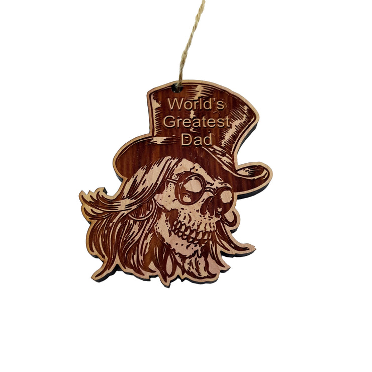 Worlds Best Dad with SKULL and HAT - Cedar Ornament