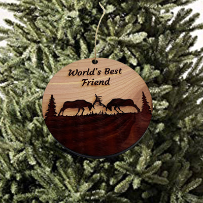 Worlds Best Friend Elk Battle - Cedar Ornament