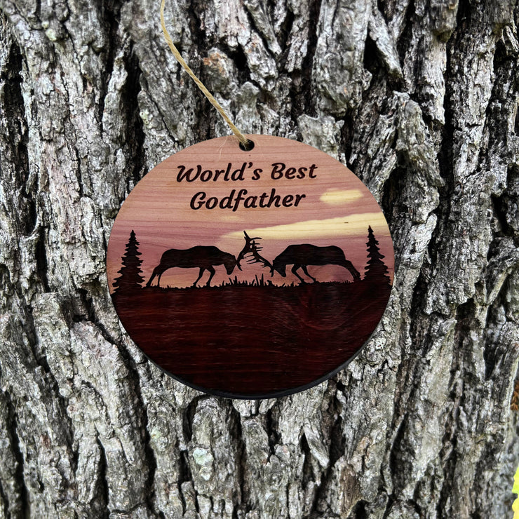 Worlds Best Godfather Elk Battle - Cedar Ornament