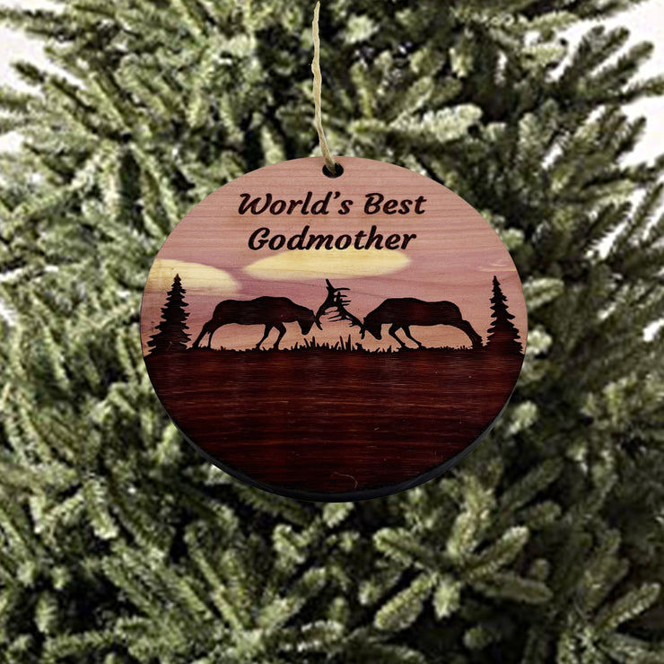 Worlds Best Godmother Elk Battle - Cedar Ornament