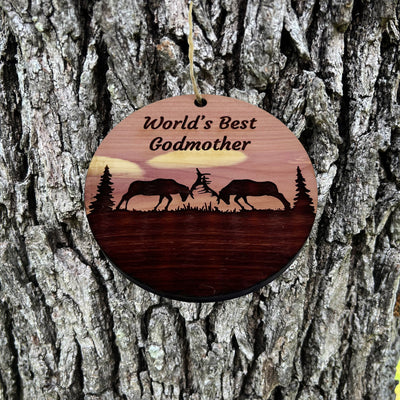 Worlds Best Godmother Elk Battle - Cedar Ornament
