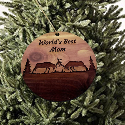 Worlds Best Mom Elk Battle - Cedar Ornament