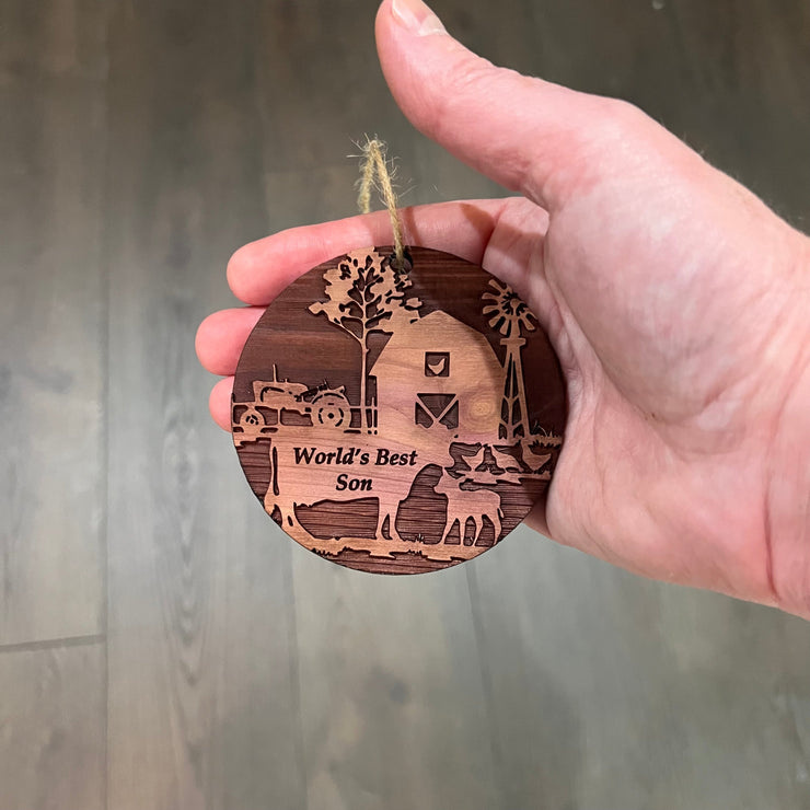 Worlds Best Son Farm Scene - Cedar Ornament