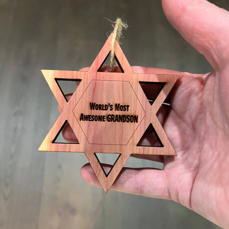 Worlds most awesome Grandson Star of David - Cedar Ornament