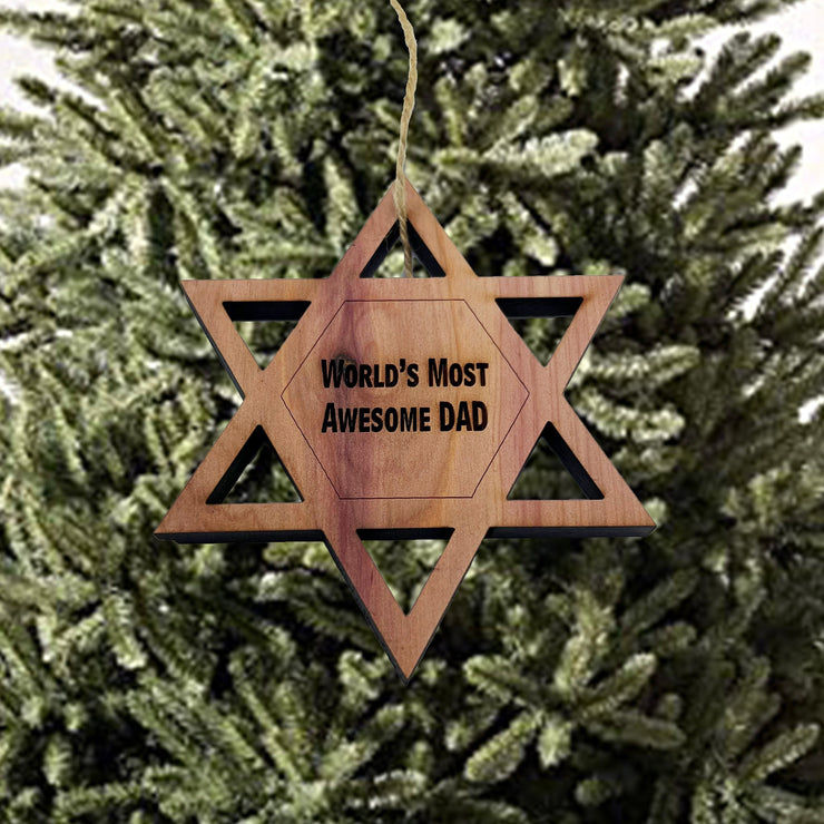 Worlds most awesome dad Star of David - Cedar Ornament