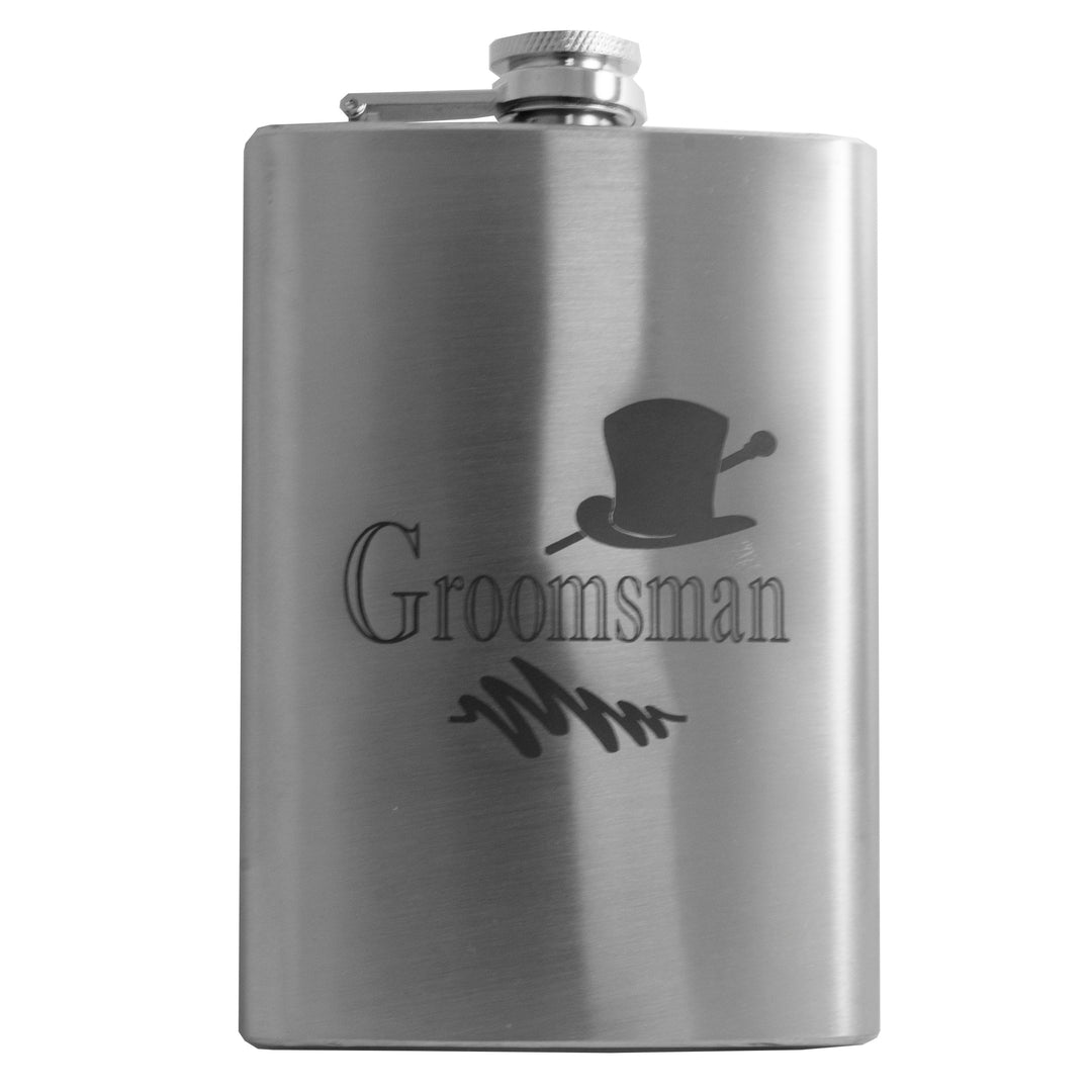 HipFlaskPlus 8oz stainless steel hip flask engraved with Groomsman
