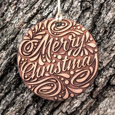 Merry Christmas - Raw Cedar Ornament 3x3in