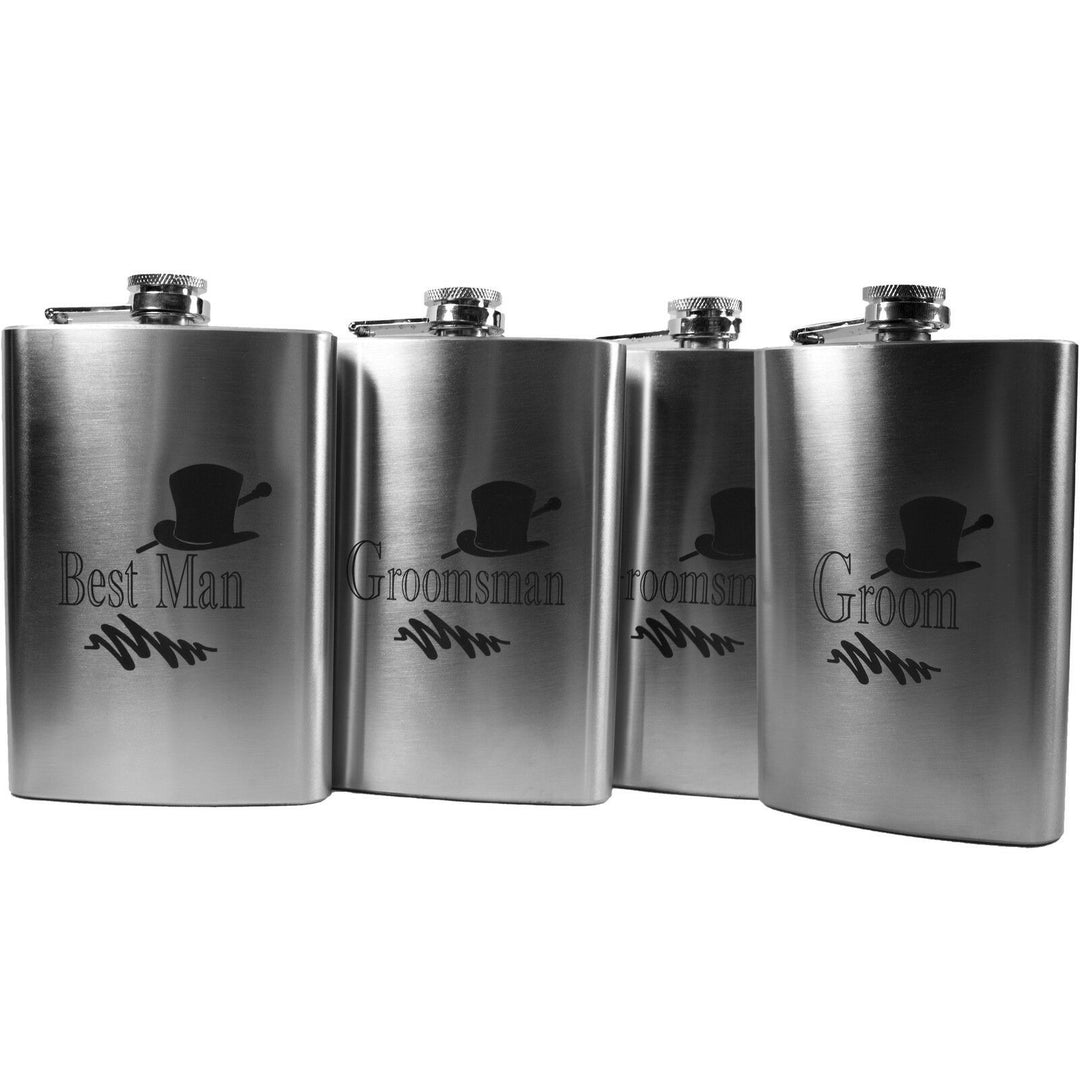 HipFlaskPlus 8oz stainless steel hip flasks engraved for best man, groom and 2 groomsmen